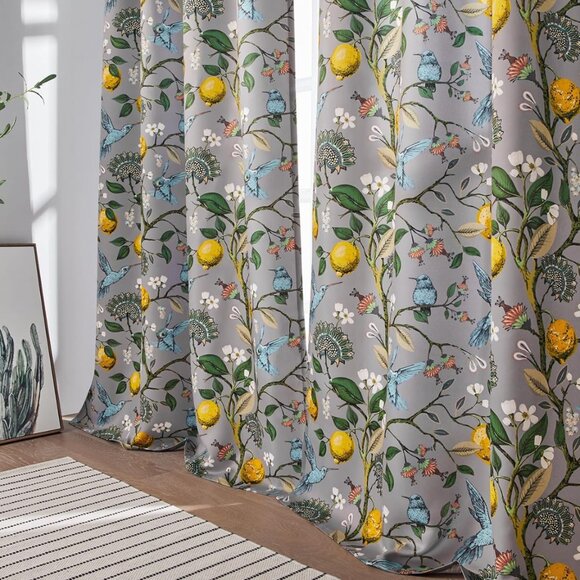 Floral Lemon Hummingbird Curtains Patterned Waverly Mid-Century Style - Picture 1 of 10